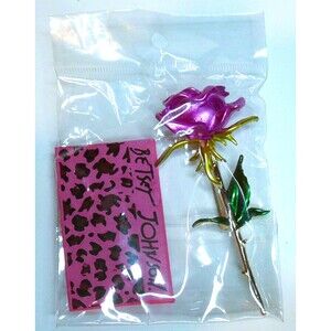 NWT Betsey Johnson Hot Pink Purple Rose Flower Green Leaves Stem Gold Pin Brooch